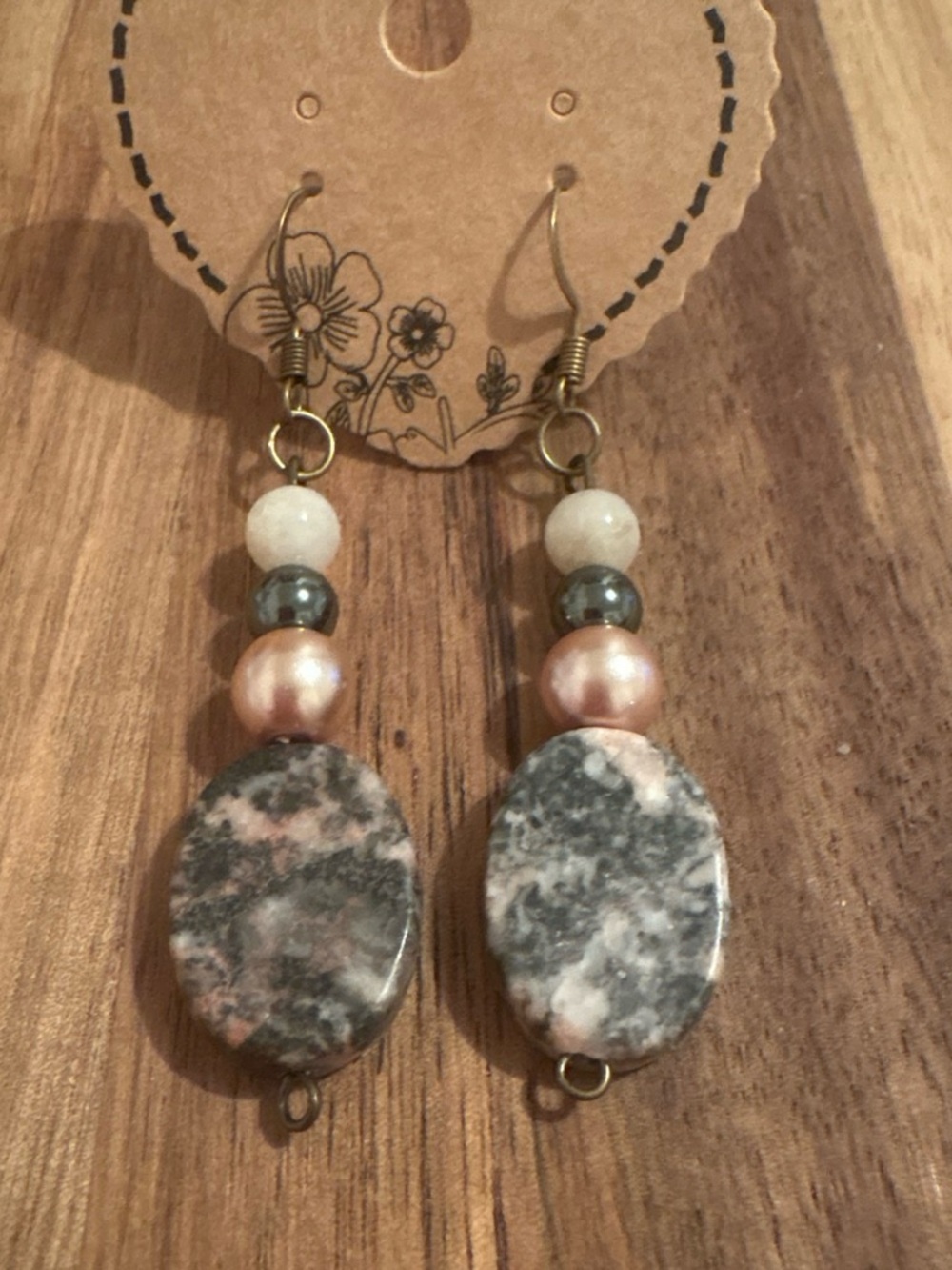 Natural Stone and Pearl Beaded Drop Earrings - Zebra Jasper & Quartz